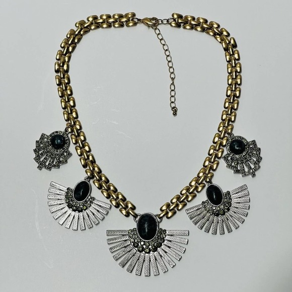 Fan Pendant Statement Necklace with Stone Gold Silver Blue Two Tone Boho Classic - Picture 4 of 6